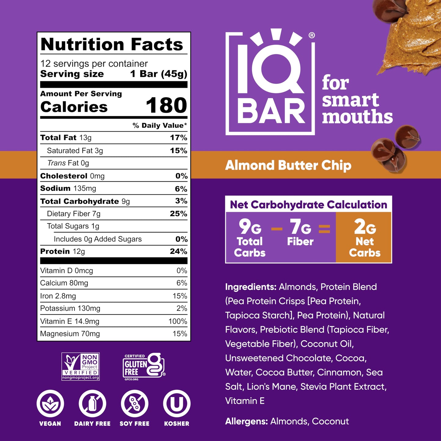 IQBAR Brain and Body Plant Protein Bars - Almond Butter Chip - 12 Count, Low Carb, High Fiber, Gluten Free, Vegan Snacks - Low Sugar Keto Energy Bars