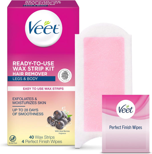 Veet Ready-To-Use Waxing Kit For Women | Wax Strips For Body Hair Removal, Wax Kit For Ingrown Hair Treatment, Personal Care Product, Hair Remover | 40ct Waxing Strips, 4ct Body Wipes