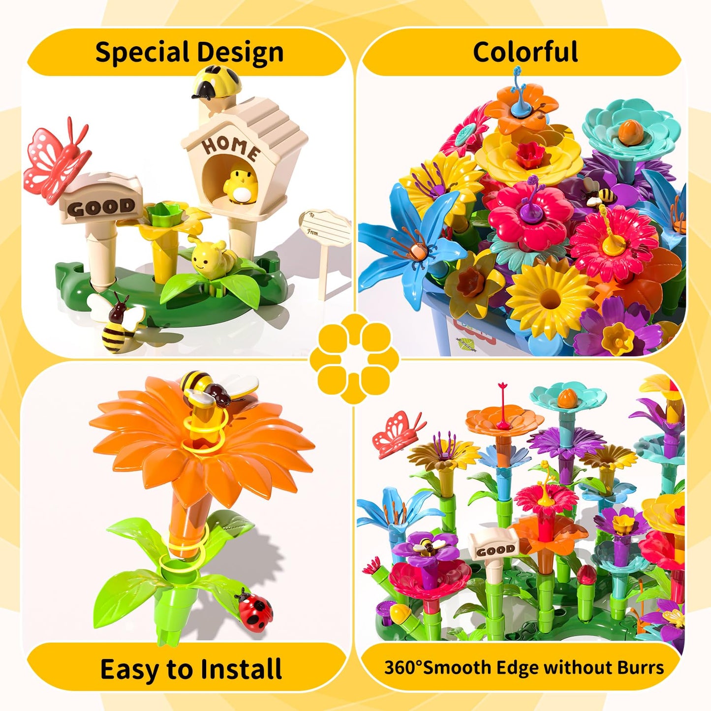 TEMI 138 PCS Educational STEM Toy and Preschool Garden Play Set for Kids Age 3-7, Flower Stacking Toys for Boys and Girls