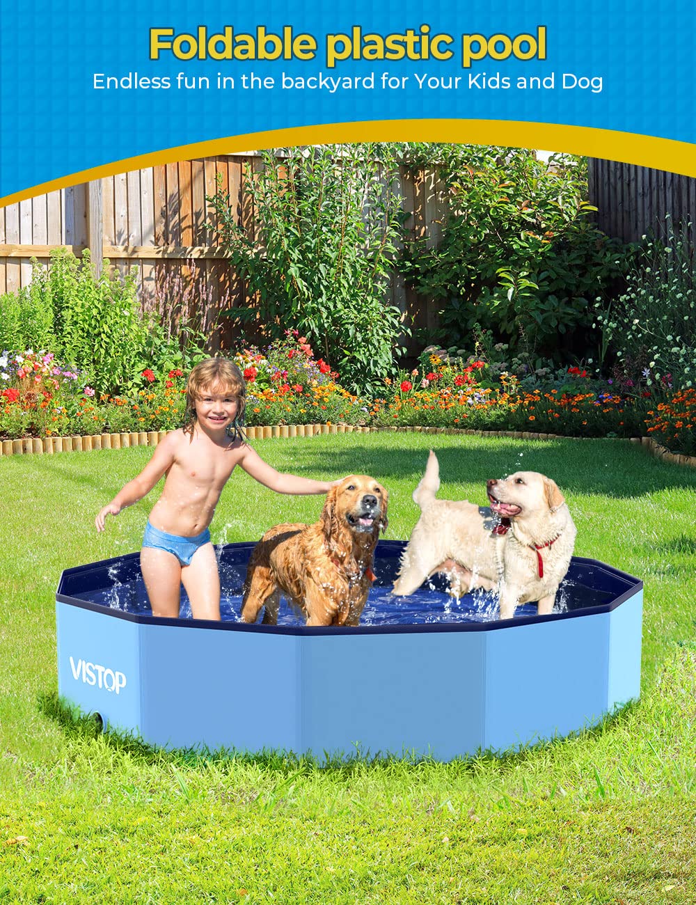 VISTOP Medium Foldable Dog Pool, Hard Plastic Shell Portable Swimming Pool for Dogs Cats and Kids Pet Puppy Bathing Tub Collapsible Kiddie Pool (37 inch.D x 7.8inch.H, Blue)