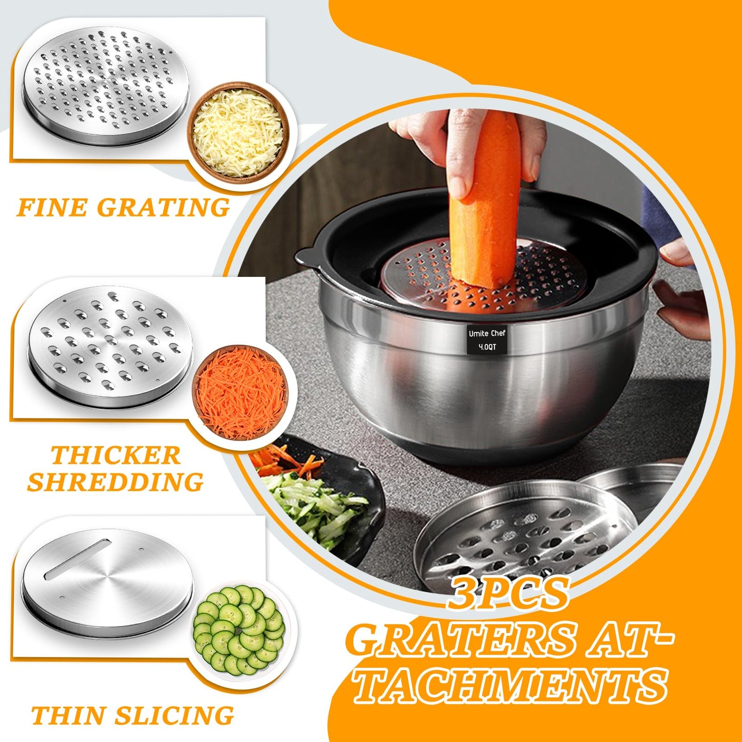 Mixing Bowls with Airtight Lids Set, 26PCS Stainless Steel Khaki Bowls with Grater Attachments, Non-Slip Bottoms & Kitchen Gadgets Set, Size 7, 4, 2.5, 2.0,1.5, 1QT, Great for Mixing & Serving