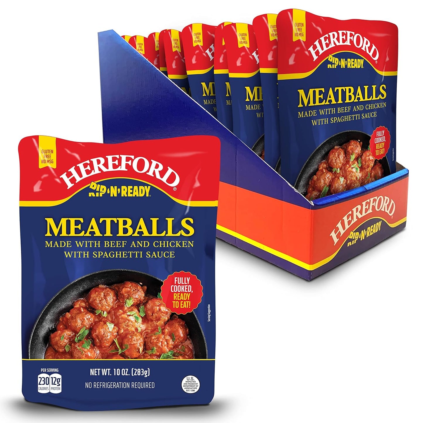 Hereford Meatballs with Spaghetti Sauce | Shelf Stable | Fully Cooked | Ready to Eat | 12g Protein per Serving | 10oz per Pouch (Case of 12)