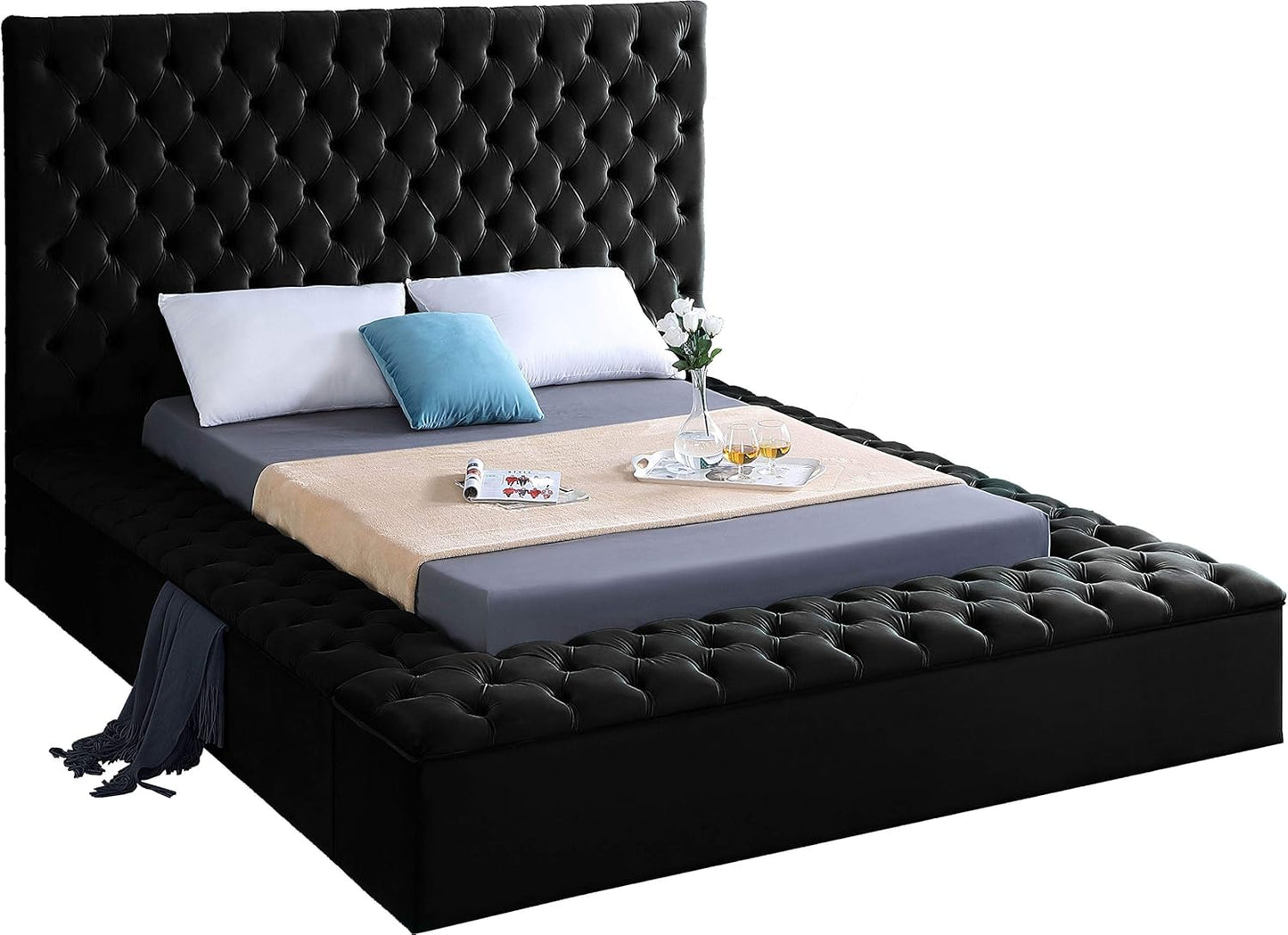 Meridian Furniture Bliss Collection Modern | Contemporary Velvet Upholstered Bed with Deep Button Tufting and Storage Compartments in Rails and Footboard, Black, King