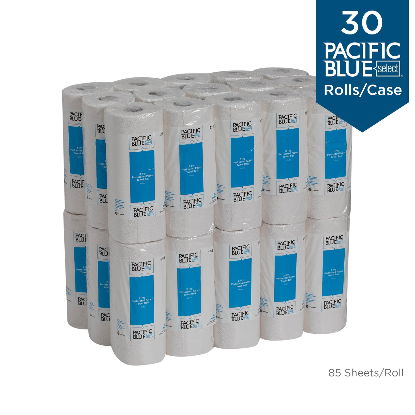 Georgia-Pacific Blue Select 2-Ply Perforated Paper Towel Rolls, 27385, 85 Sheets Per Roll, 30 Rolls Per Case