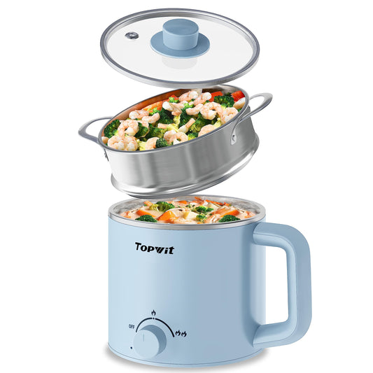 Topwit Hot Pot Electric with Steamer, 1.6L Ramen Cooker, Electric Pot for Pasta, Shabu-Shabu, Oatmeal, Soup and Egg, Electric Cooker with Dual Power Control, Dorm Room Essentials, Blue