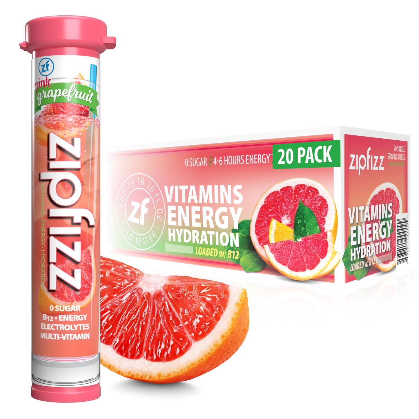 Zipfizz Energy Drink Mix, Electrolyte Hydration Powder with B12 and Multi Vitamin, Pink Grapefruit, (20 Count)