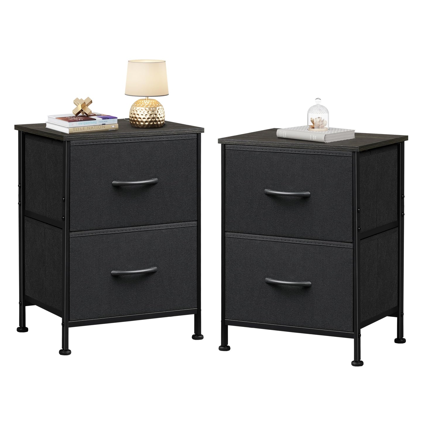 WLIVE Black Nightstand, Small Dresser for Bedroom with 2 Fabric Drawer, Bed Side Table with Drawers, End Table Bedside Furniture, Sturdy Steel Frame, Wood Top, Closet Organizer, College Dorm