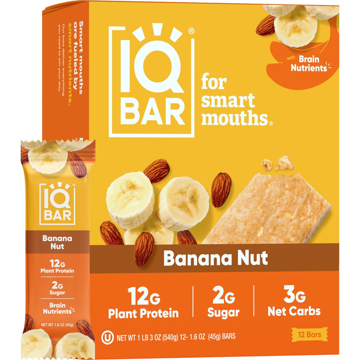 IQBAR Brain and Body Plant Protein Bars - Almond Butter Chip - 12 Count, Low Carb, High Fiber, Gluten Free, Vegan Snacks - Low Sugar Keto Energy Bars