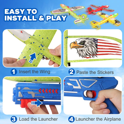 3 Pack Dinosaur Airplane Launcher Toys for Kids, Foam Airplanes for Kids Boys Toys with Stickers, Outdoor Flying Toys Birthday Gifts for 4 5 6 7 8 9 10 12 Year Old Boys Girls.