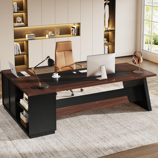 Tribesigns 78" L-Shaped Executive Desk, Large Office Desk with Drawers and Lateral File Cabinet, Business Furniture with Storage Shelves, Modern Computer Desk for Home Office, Walnut & Black