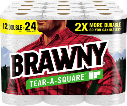 Brawny Tear-A-Square Paper Towels, 12 Double Rolls = 24 Regular Rolls, 3 Sheet Sizes (Quarter, Half, Full), Strength for All Messes, Cleanups, and Meal Prep