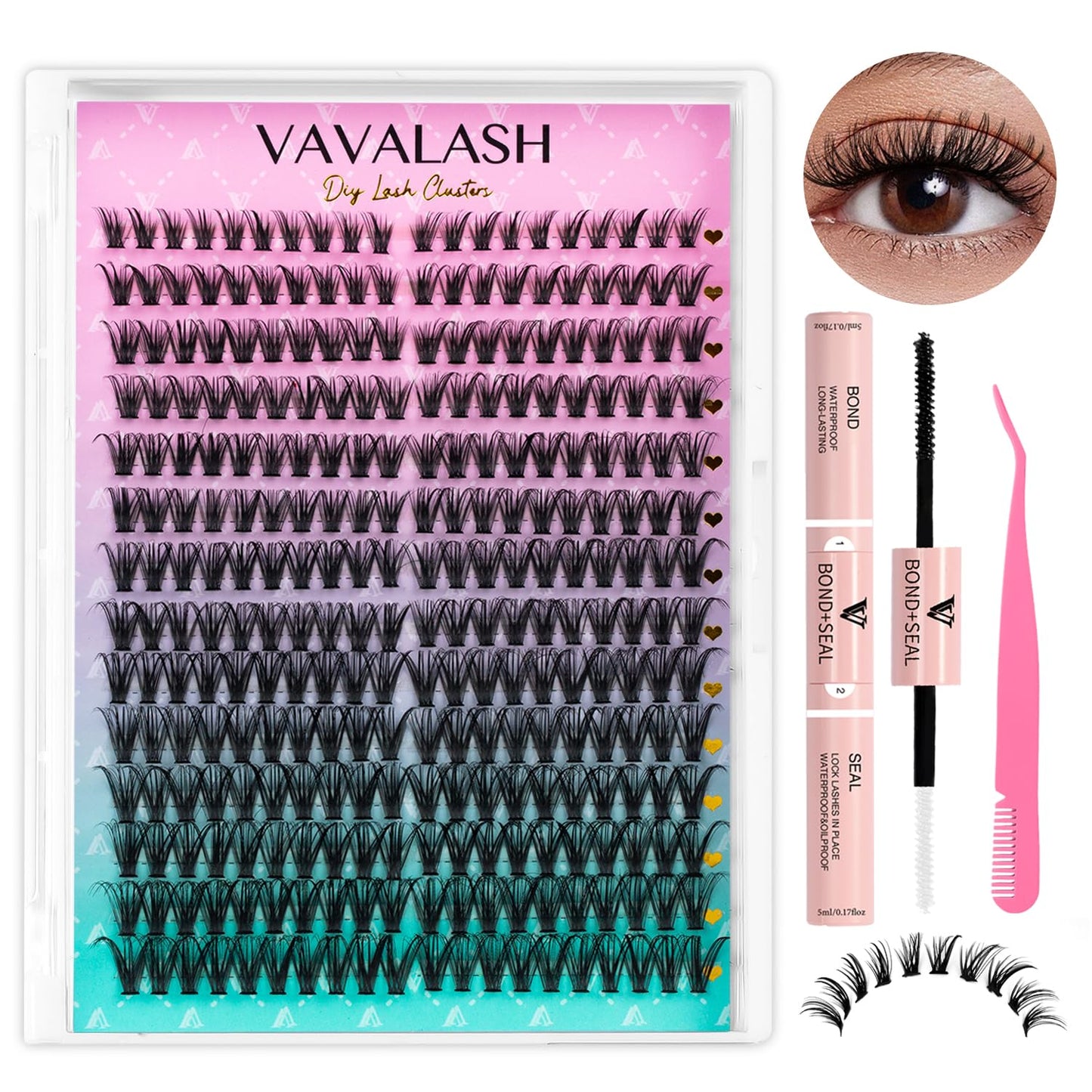 VAVALASH DIY Lash Extension Kit 280 Clusters Individual Lashes Kit 30D 40D 0.07D-10-16mm Lash Clusters, Lash Bond and Seal, Lash Tweezer for DIY Eyelash Extension at Home（Kit-30D+40D-0.07D-10-16MIX）