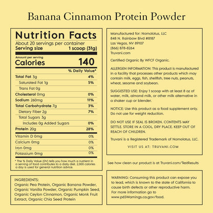 Truvani Vegan Pea Protein Powder | Banana Cinnamon | 20g Organic Plant Based Protein | 1 Serving | Keto | Gluten & Dairy Free | Low Carb | No Added Sugar