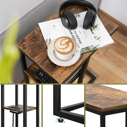 Yoobure C Shaped End Table with Charging Station for Living Room, Bedroom, Sofa Table with USB Ports and Outlets for Small Spaces, C Couch Rustic Snack Bed Table