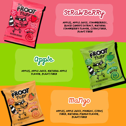 The FROOT Thief Real Fruit Snack Whips Strawberry Flavor, Nut Free, 100% Natural, Gluten-Free, Non-GMO, No Artificial Colors or Flavors, Pack of 5