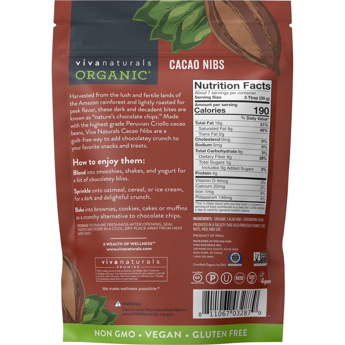 Viva Naturals Organic Cacao Nibs, 1 Lb - Certified Keto and Vegan Superfood, Perfect for Gluten Free Baking, Cacao Nib Smoothies and Healthy Snacks, Premium Criollo Beans, Non-GMO