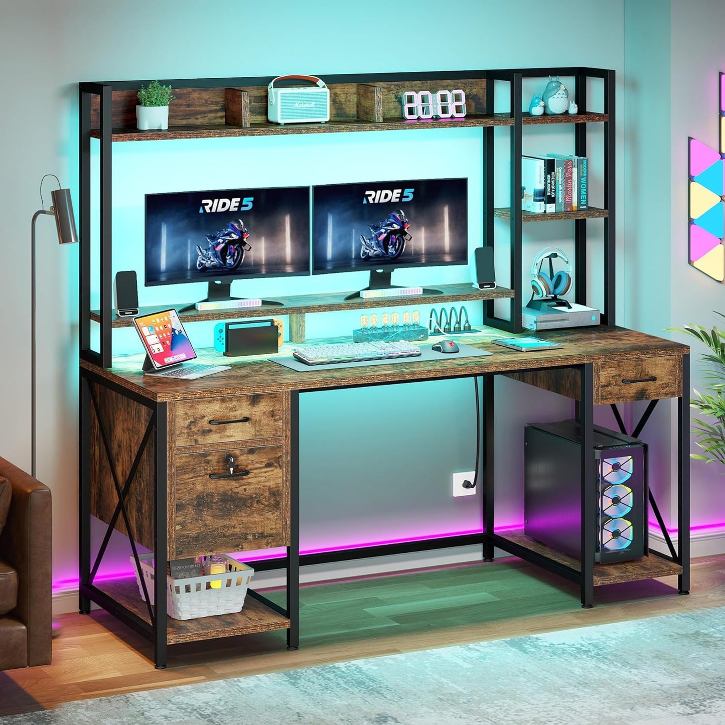 YITAHOME Computer Desk with Drawers & Power Outlets, File Drawers with Lock, 59" Home Office Desk with Storage Shelves & Monitor Stand, Gaming Desk with LED Lights & Hutch, Rustic Brown