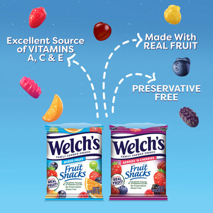 Welch's Fruit Snacks, Mixed Fruit & Berries 'N Cherries Bulk Variety Pack, Perfect for School Lunches, Gluten Free, 0.8 oz Individual Single Serve Bags (Pack of 60)