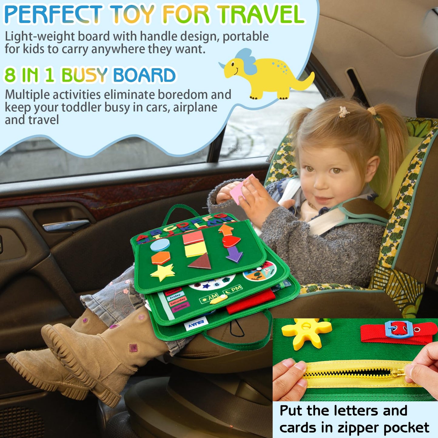 Esjay Toddler Busy Board Montessori Toys for 1 2 3 4 Year Old, Sensory Board Educational Activities for Learning Fine Motor Skills, Gifts for Girls Boys, Travel Toys for Airplane Car