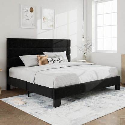 SHA CERLIN King Platform Bed Frame with Velvet Upholstered Headboard, Mattress Foundation with Strong Wooden Slats Support, No Box Spring Needed, Black