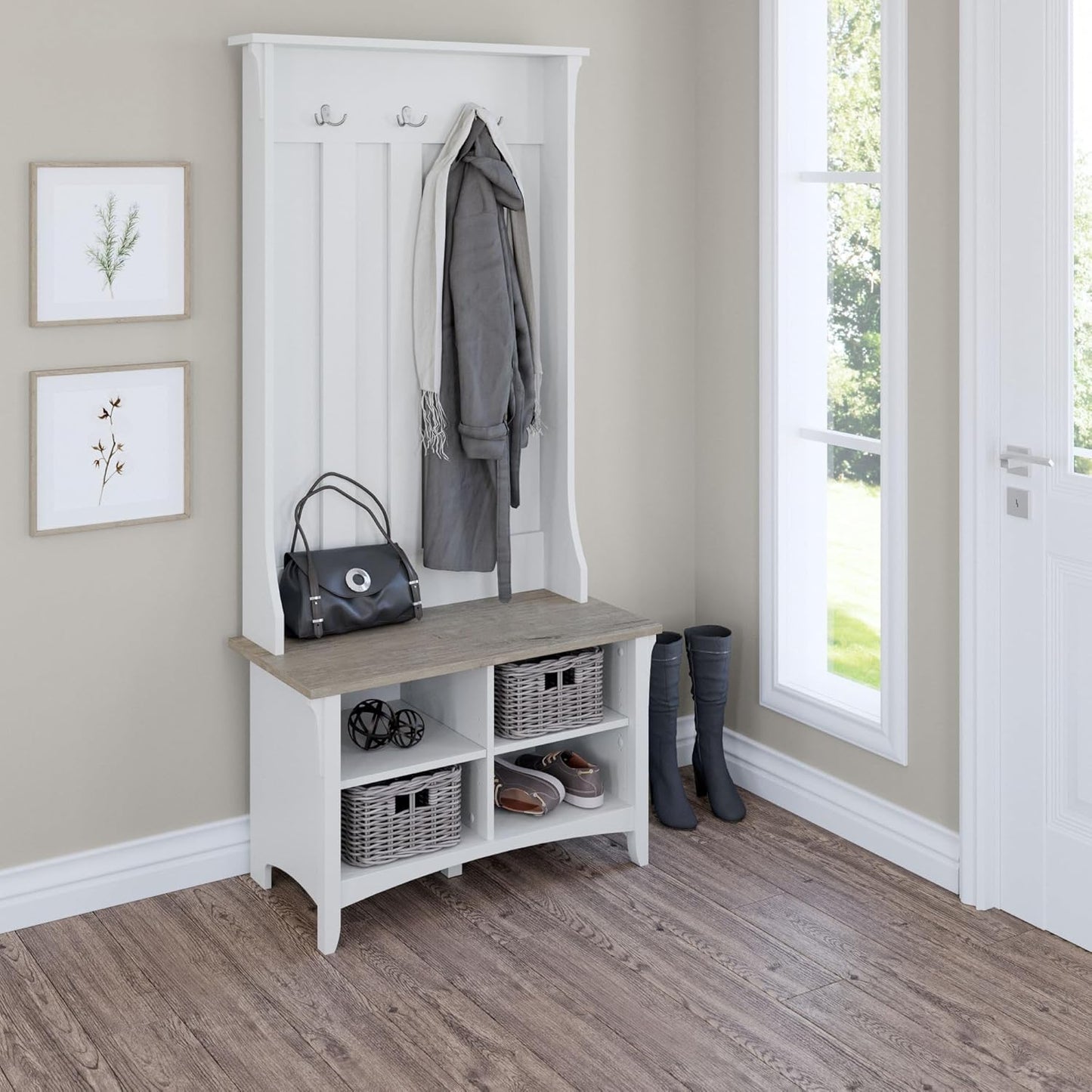 Bush Furniture Salinas Hall Tree with Shoe Storage Bench in Shiplap Gray and Pure White, Multi-Purpose Home Organizer, Entryway Solution with Seating and Hooks