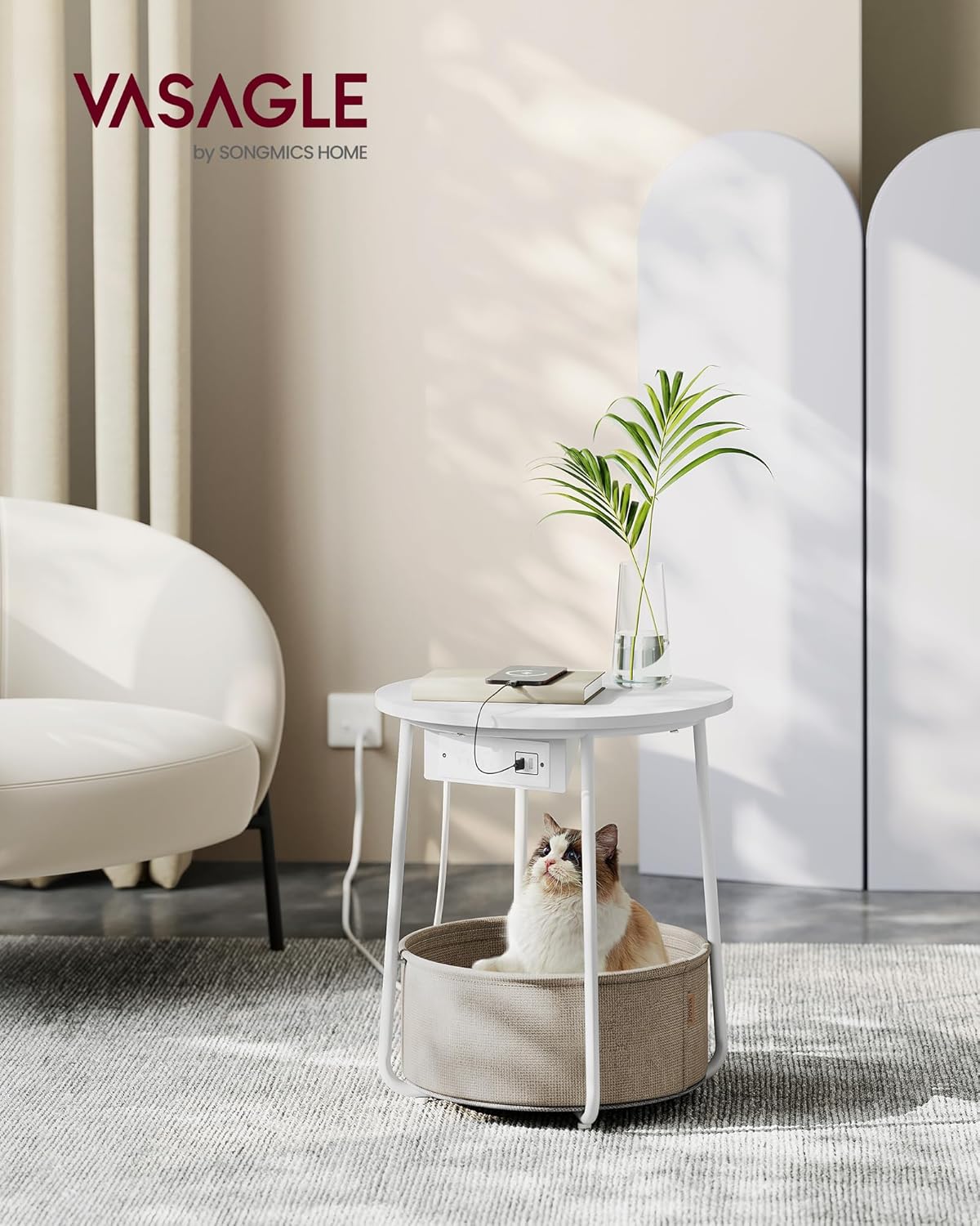 VASAGLE Side Table with Charging Station, Round End Table With Fabric Basket, Nightstand with Power Outlets USB Ports, for Living Room, Bedroom, Modern, Matte White and Camel Brown ULET228W01