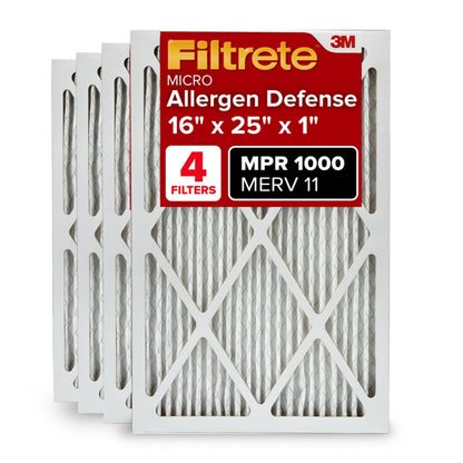 Filtrete 16x25x1 AC Furnace Air Filter, MERV 11, MPR 1000, Micro Allergen Defense, 3-Month Pleated 1-Inch Electrostatic Air Cleaning Filter, 4 Pack (Actual Size 15.69 x 24.69 x 0.81 in)