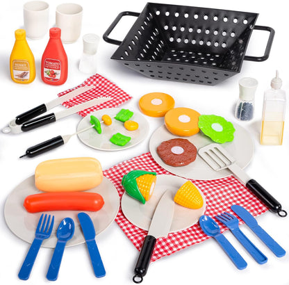 JOYIN 34 PCS Kitchen Toy Set, Toy BBQ Grill Set, Cooking Toy Set, Little Chef Play, Kids Grill Playset Interactive BBQ Toy Set for Kids, Christmas Birthday Gift for Boys Girls Kids