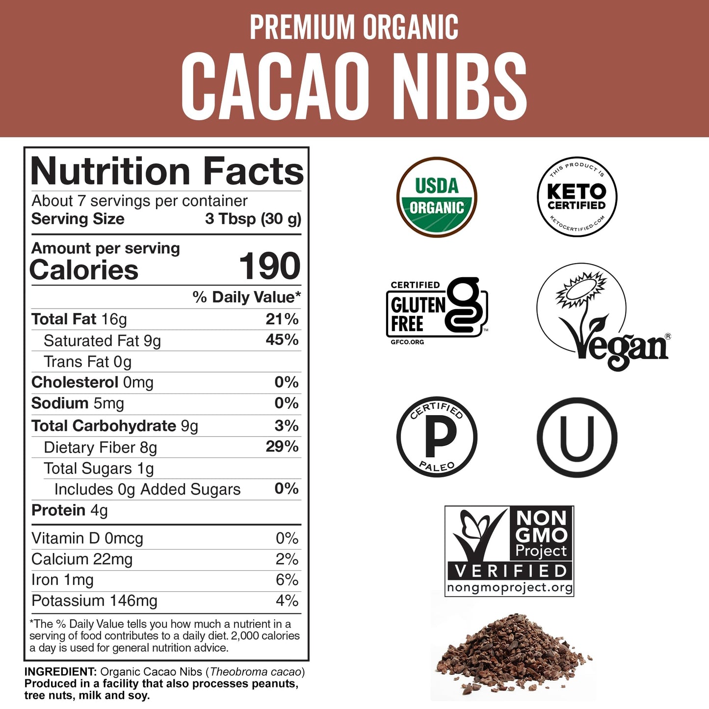 Viva Naturals Organic Cacao Nibs, 1 Lb - Certified Keto and Vegan Superfood, Perfect for Gluten Free Baking, Cacao Nib Smoothies and Healthy Snacks, Premium Criollo Beans, Non-GMO