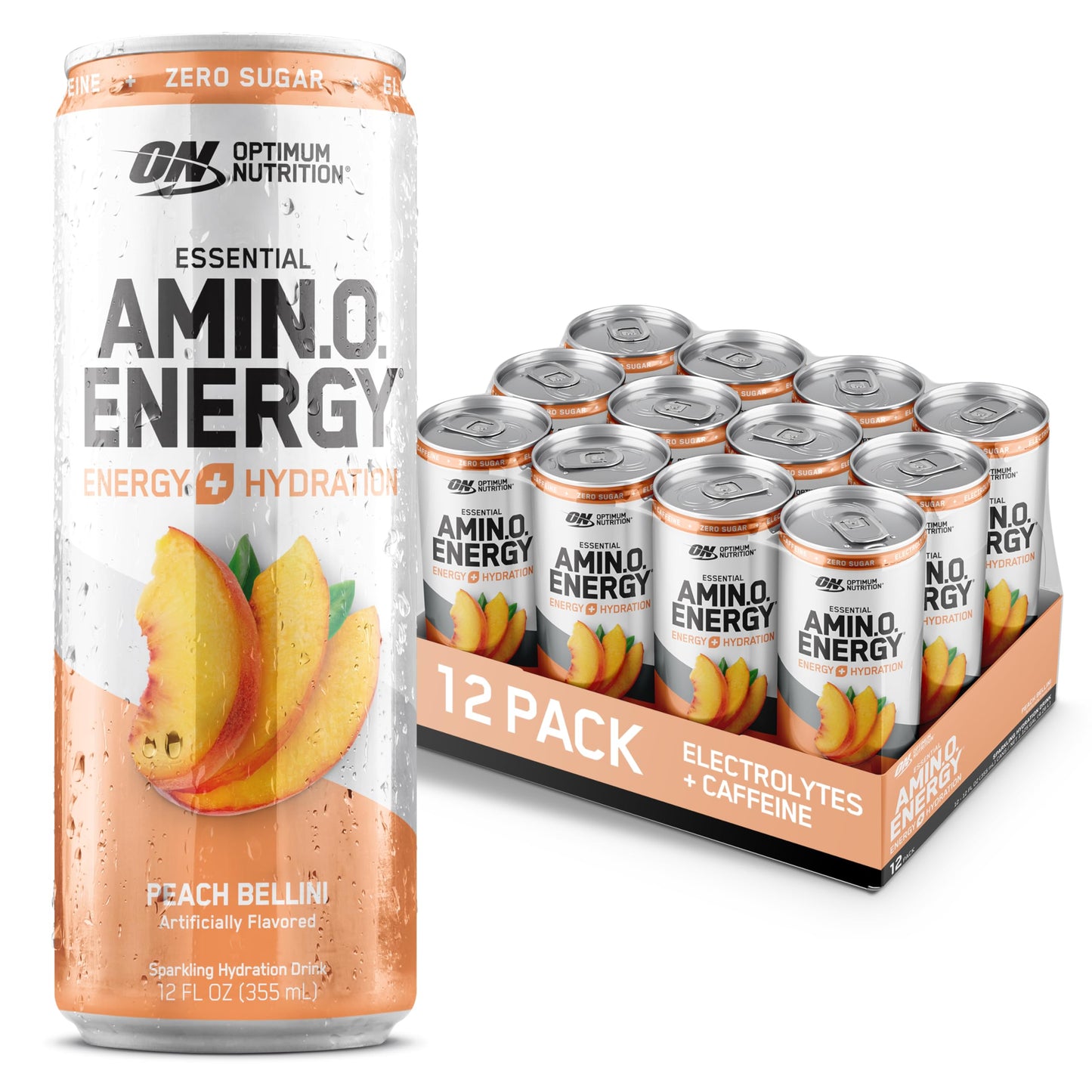 Optimum Nutrition Amino Energy Sparkling Hydration Drink, Electrolytes, Caffeine, Amino Acids, BCAAs, Sugar Free, Juicy Strawberry, 12 Fl Oz, 12 Pack (Packaging May Vary)