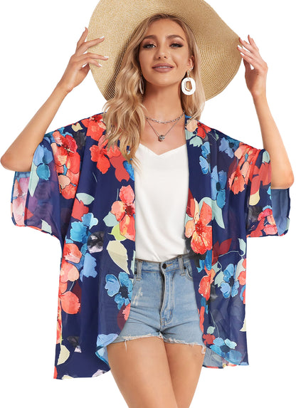 Women's Floral Print Puff Sleeve Kimono Cardigan Loose Cover Up Casual Blouse Tops