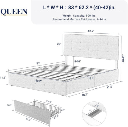 Allewie Upholstered Queen Size Platform Bed Frame with 4 Storage Drawers and Headboard, Square Stitched Button Tufted, Mattress Foundation with Wooden Slats Support, No Box Spring Needed, Light Grey