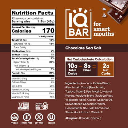 IQBAR Brain and Body Plant Protein Bars - Almond Butter Chip - 12 Count, Low Carb, High Fiber, Gluten Free, Vegan Snacks - Low Sugar Keto Energy Bars