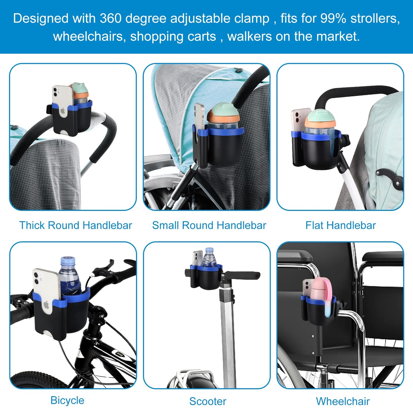 Accmor Stroller Cup Holder with Phone Holder, Bike Cup Holder, Universal Cup Holder for Uppababy Nuna Doona Strollers, 2-in-1 Cup Phone Holder for Stroller, Bike, Wheelchair, Walker, Scooter