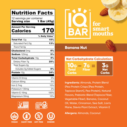 IQBAR Brain and Body Plant Protein Bars - Almond Butter Chip - 12 Count, Low Carb, High Fiber, Gluten Free, Vegan Snacks - Low Sugar Keto Energy Bars