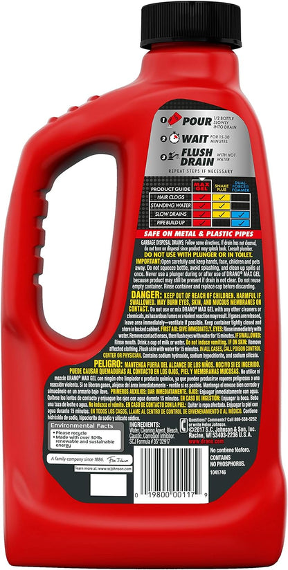 Drano Max Gel Drain Clog Remover and Cleaner for Shower or Sink Drains, Unclogs and Removes Hair, Soap Scum, Blockages, 32 oz