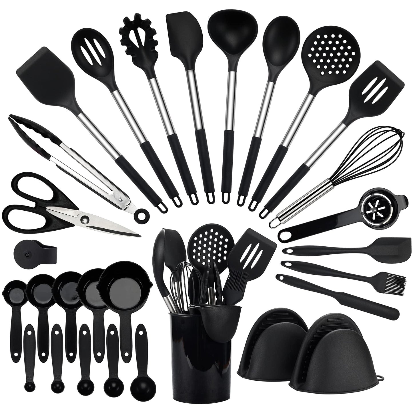 Kitchen Utensils Set, Hvygss Silicone Cooking Utensils Set, Stainless Steel Handle Silicone Spatula Set with Silicone Whisk, Tongs, Ladle, Scissors, Measuring Cups and Spoons Set (Khaki)