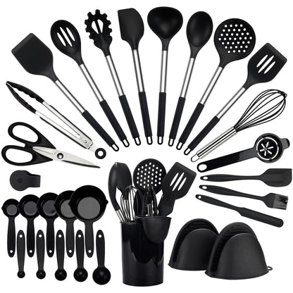 Kitchen Utensils Set, Hvygss Silicone Cooking Utensils Set, Stainless Steel Handle Silicone Spatula Set with Silicone Whisk, Tongs, Ladle, Scissors, Measuring Cups and Spoons Set (Khaki)