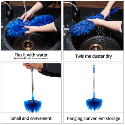 Ceiling Fan Duster with Extension Pole, Cobweb & Corner Brush Cleaning Kit w 2 Duster Heads for Cleaning,15-100 Inch Long Handle Aluminum Telescoping Pole, Washable（Blue）