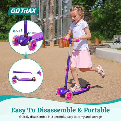 Gotrax KS1 Kids Kick Scooter, LED Lighted Wheels and 3 Adjustable Height Handlebars, Lean-to-Steer & Widen Anti-Slip Deck, 3 Wheel Scooter for Boys & Girls Ages 2-8 and up to 100 Lbs