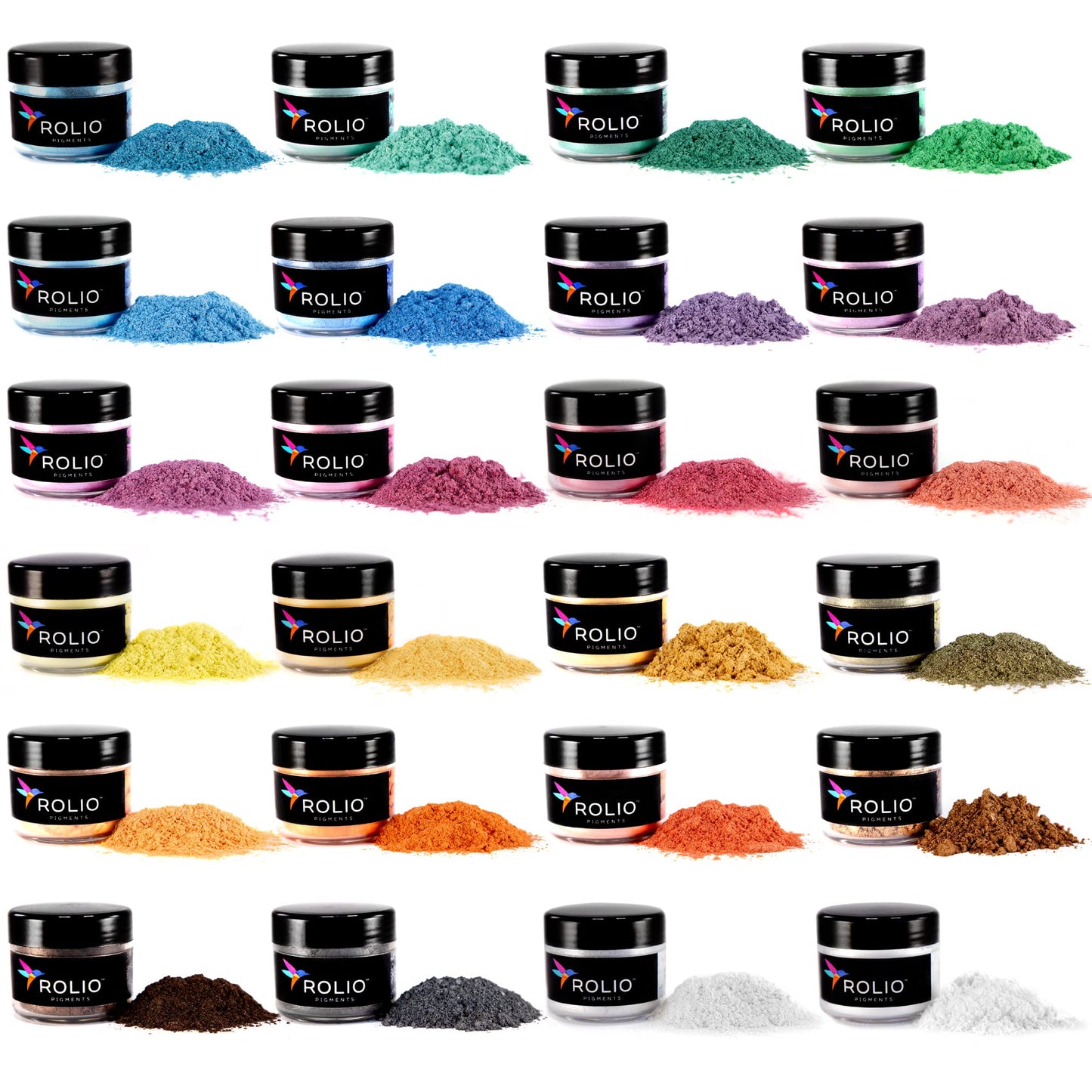 Rolio Premium Mica Powder Pearlescent Color Pigment - Art Set for Resin Epoxy - for Soap Making, Nail Polish, Lip Gloss, Eye Shadow, Slime & Candle Jars - 10g, 24 Jars - (Original Set)