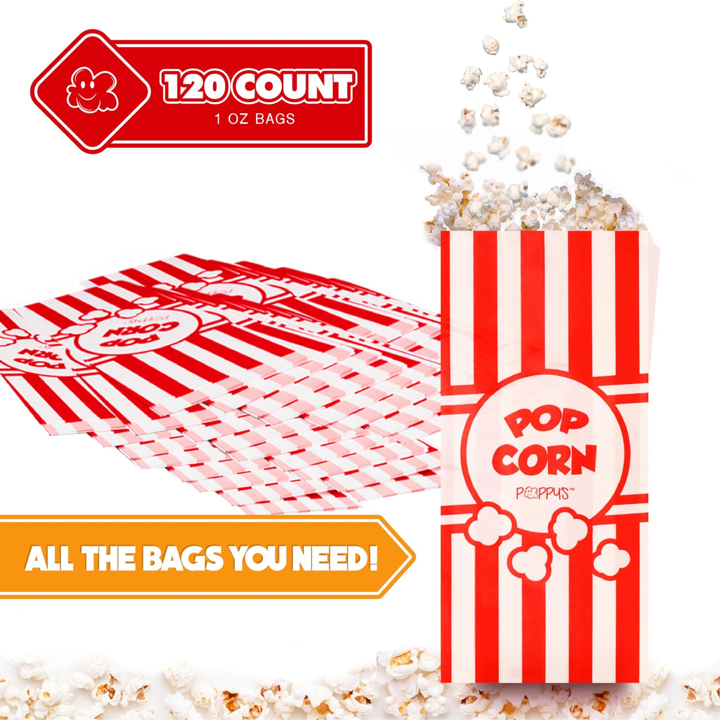 Poppy's Paper Popcorn Bags - 200 1oz Concession-Grade Bags, Popcorn Machine Accessories for Popcorn Bars, Movie Nights, Concessions