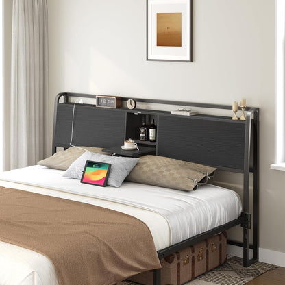 Headboard Queen Size, Headboard with 4 Outlets and 4 USB Ports, Industrial Headboard with Flip Door and Bed Frame Adapter, Height Adjustable, Black