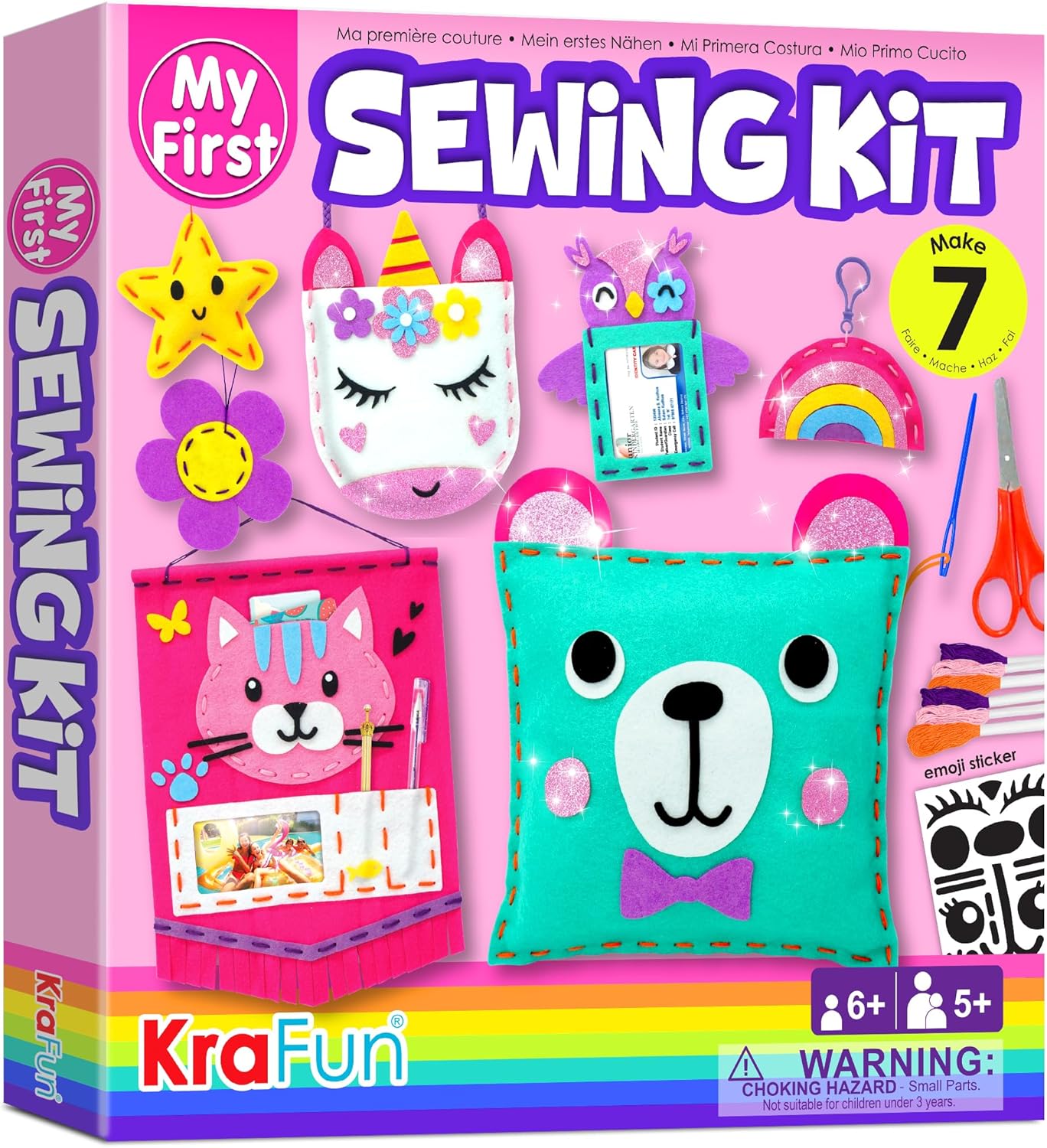 KRAFUN My First Sewing Kit for Beginner Kids Arts & Crafts, 7 Easy DIY Projects of Stuffed Animal Dolls and Plush Pillow Craft, Instructions & Felt, Gift for Girls, Boys, Learn to Sew, Embroidery