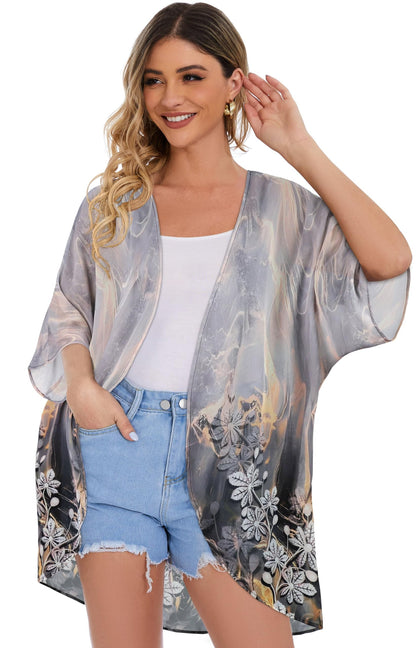 Women's Floral Print Puff Sleeve Kimono Cardigan Loose Cover Up Casual Blouse Tops