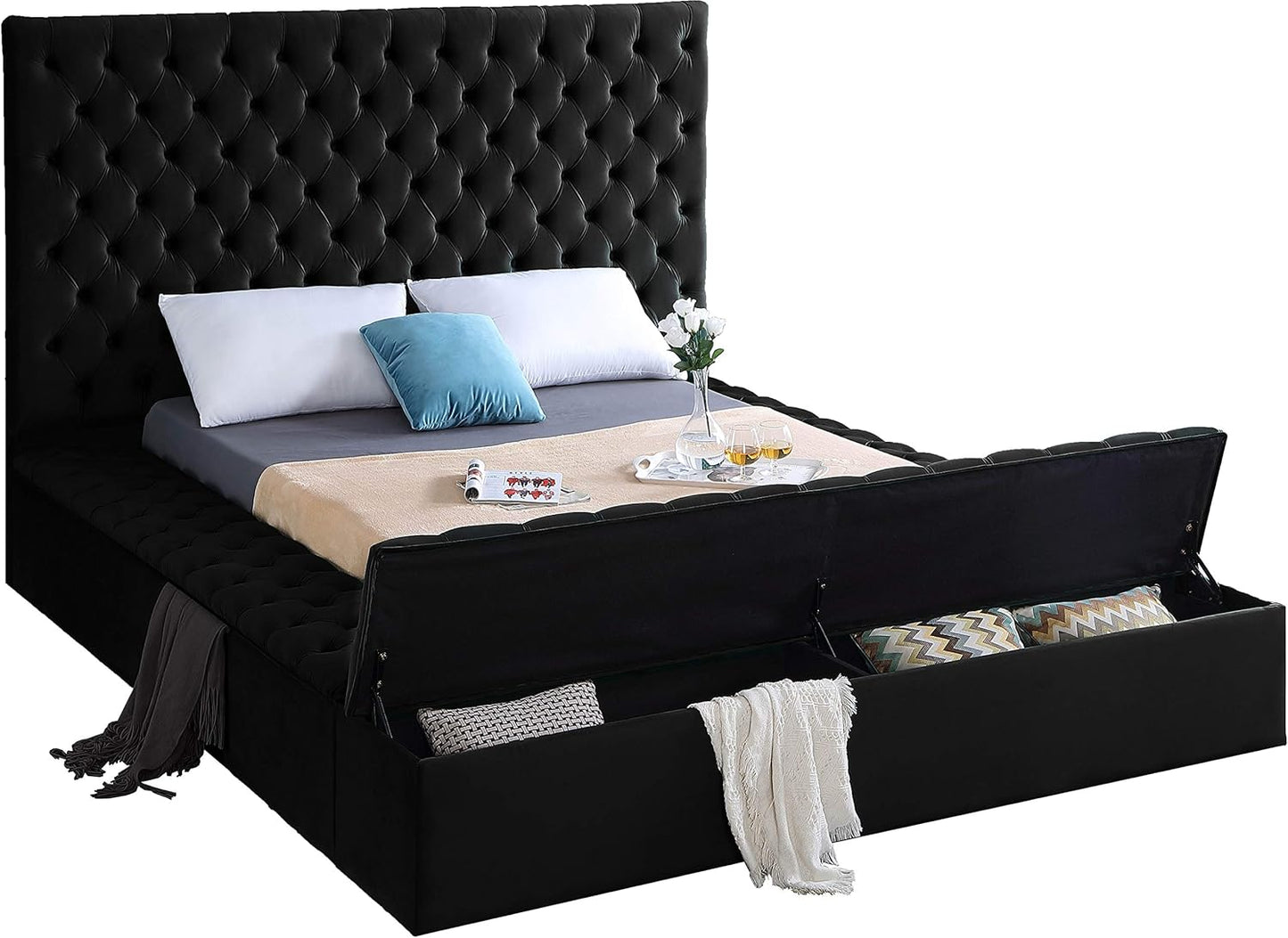 Meridian Furniture Bliss Collection Modern | Contemporary Velvet Upholstered Bed with Deep Button Tufting and Storage Compartments in Rails and Footboard, Black, King