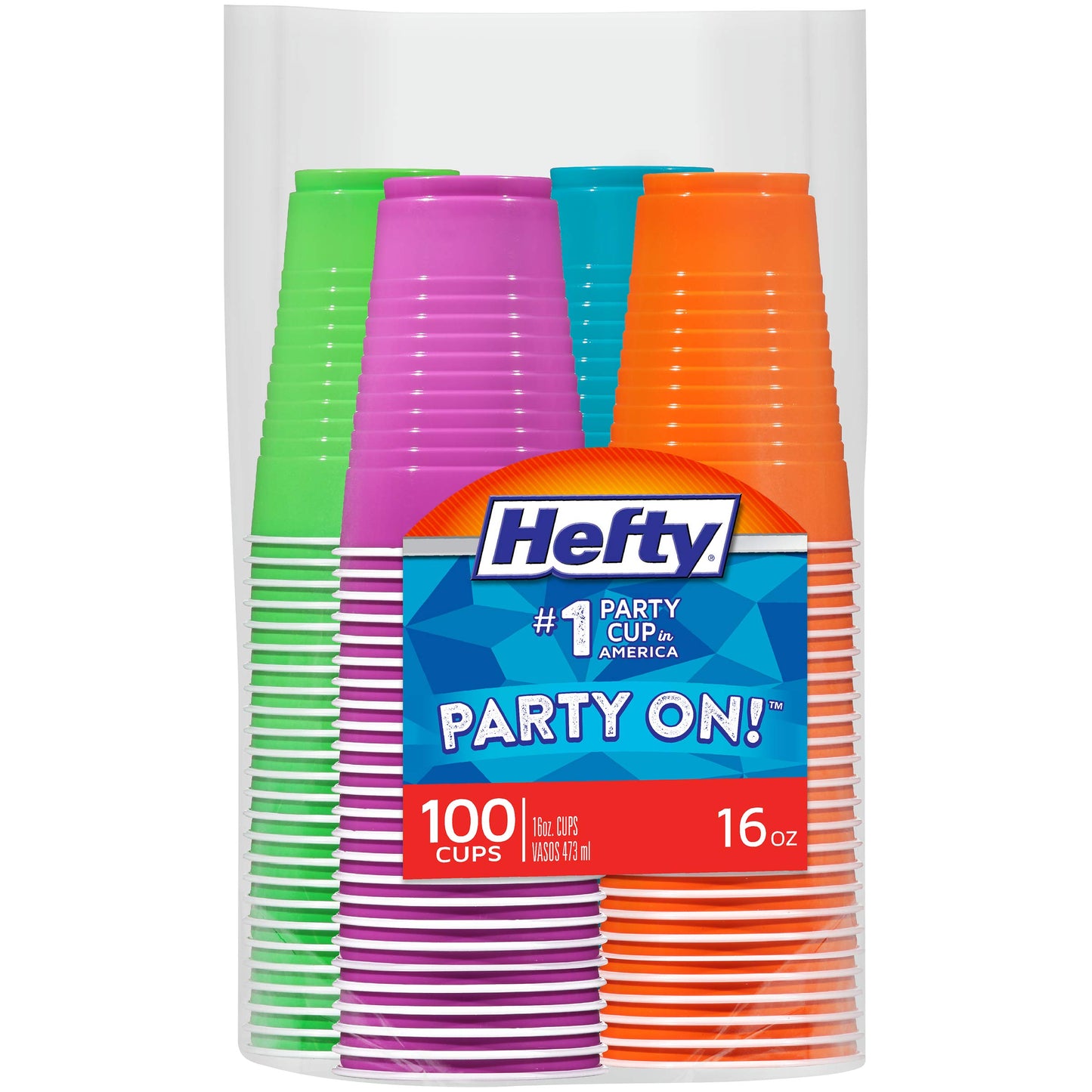 Hefty Party On Disposable Plastic Cups, Assorted, 16 Ounce, 100 Count