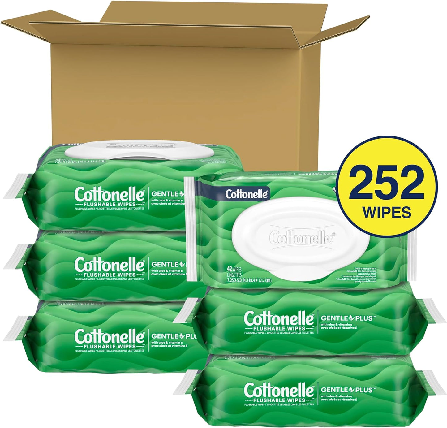 Cottonelle GentlePlus Flushable Wet Wipes with Aloe & Vitamin E, 6 Flip-Top Packs, 42 Wipes Per Pack (252 Total Wipes), Packaging May Vary