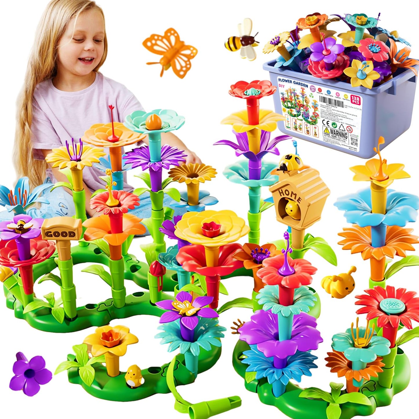 FUNZBO Flower Building Toys - Toddler Toys for 3+ Year Old, Stacking Toys for Kids Girls Boys, Birthday Gifts for Girls, STEM Educational Toys with Storage Box (138 pcs)