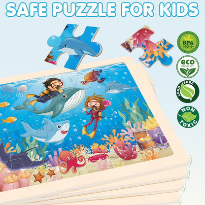 4-in-1 Farm Wooden Puzzles for Kids Ages 4-6, 24 PCS Wooden Jigsaw Puzzles for Toddlers Ages 2-4, Preschool Educational Puzzles Boards Toys Gifts for 3 4 5 6 Boys Girls